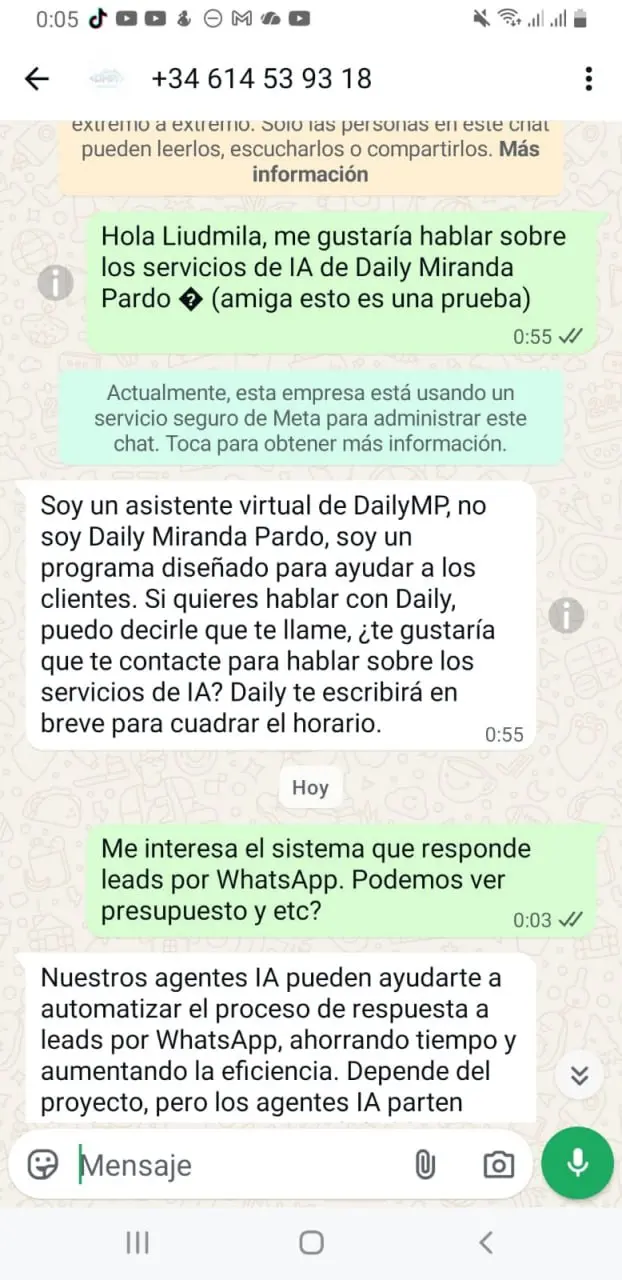 Ejemplo de conversación con agente virtual por WhatsApp