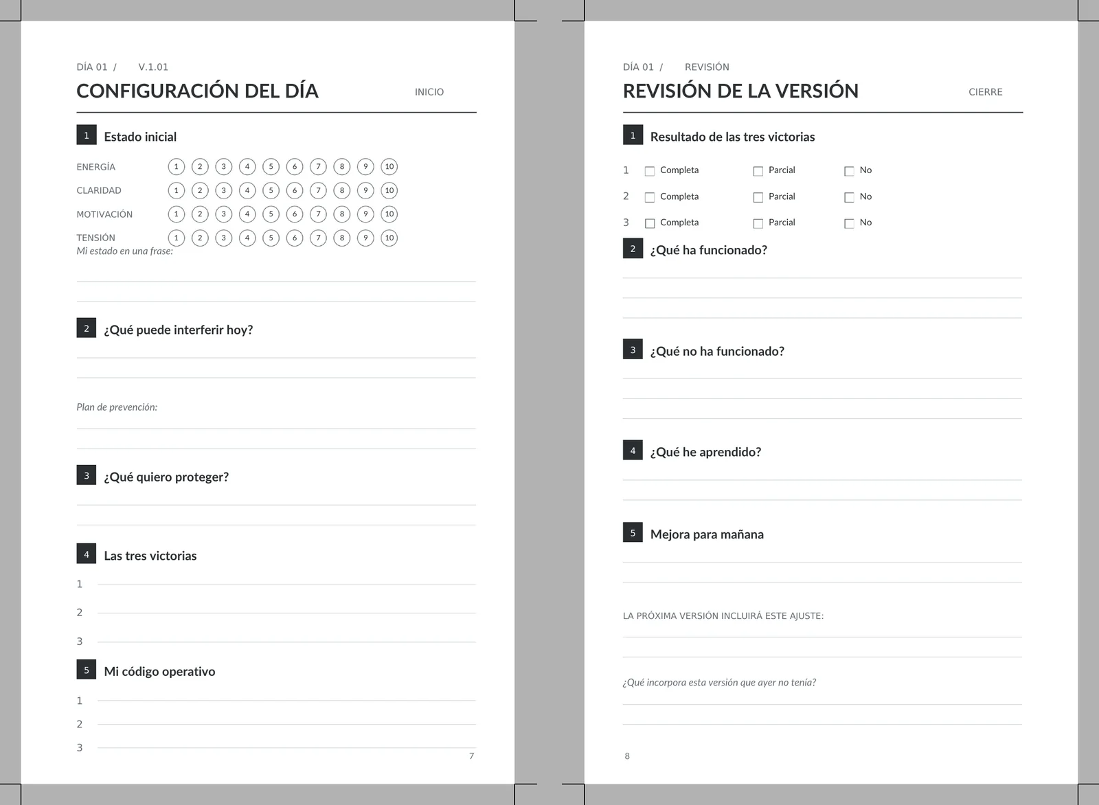 Configuración del día y revisión de la versión en Proyecto Yo