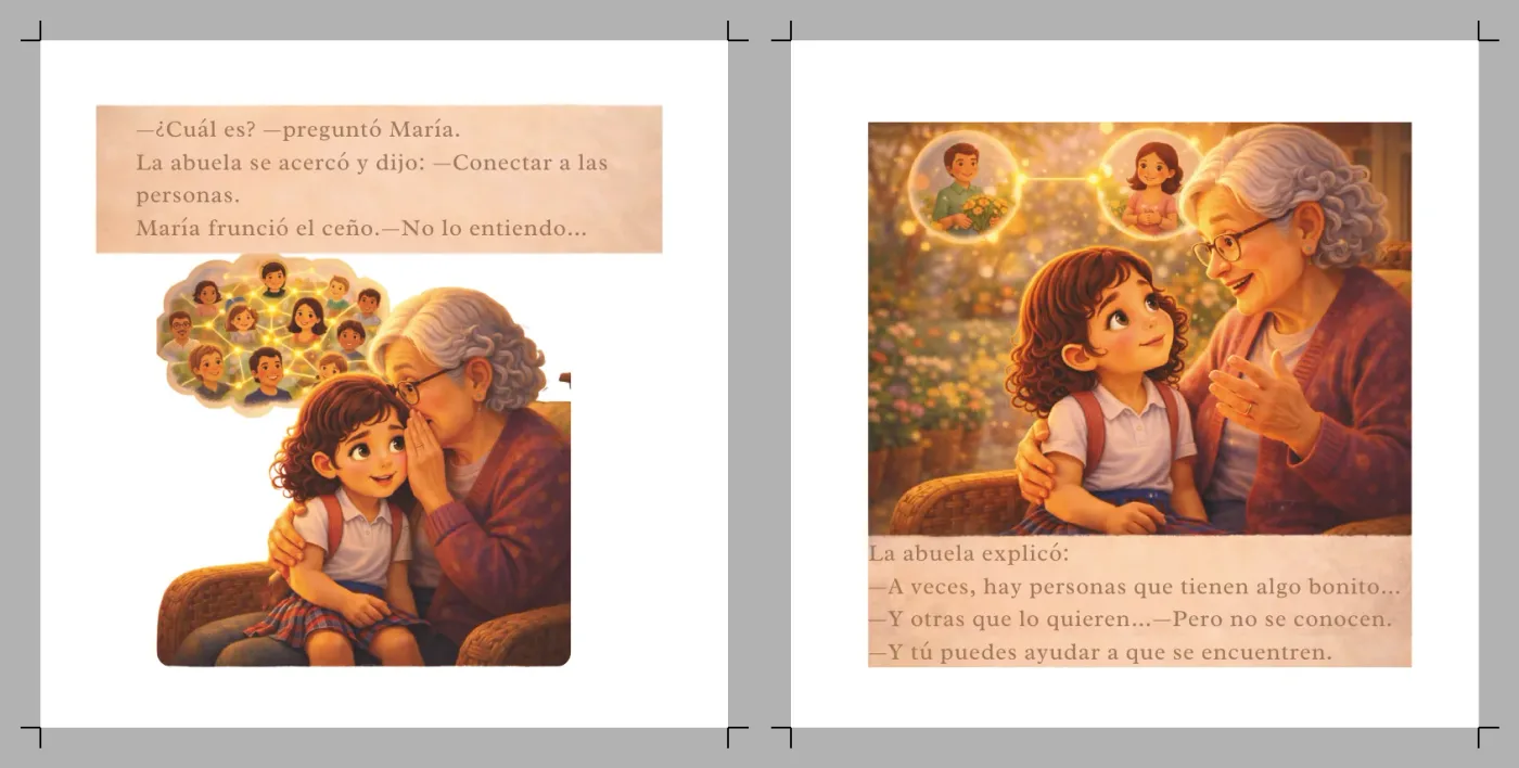 Interior de María y el Secreto de Conectar a las Personas donde la abuela explica el secreto de conectar personas