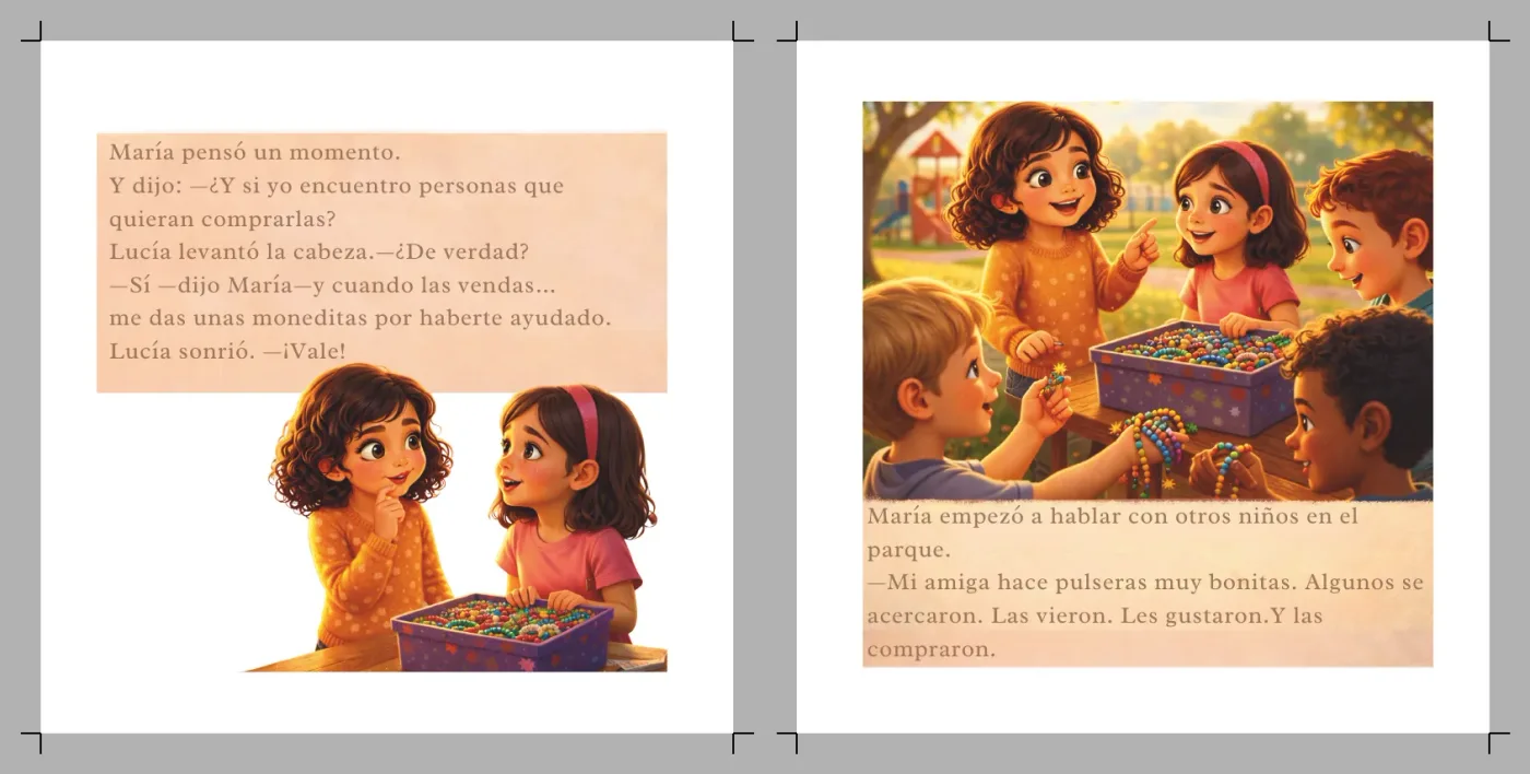 María ayuda a Lucía a encontrar niños interesados en sus pulseras