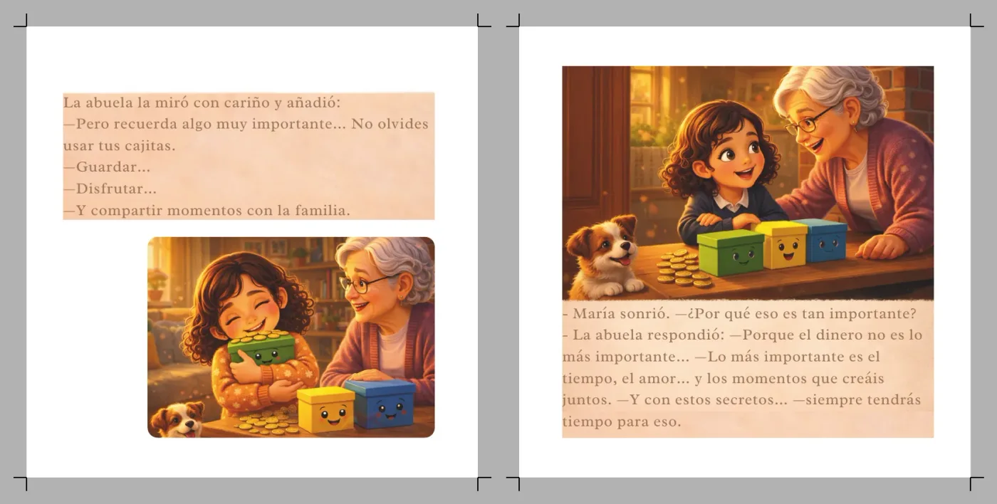 María y su abuela recuerdan las cajas Guardar, Disfrutar y Compartir