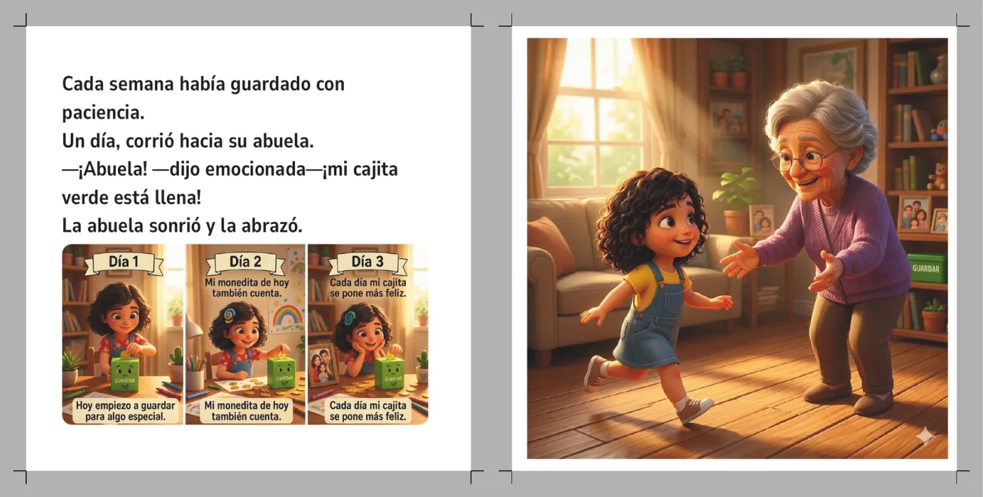 Interior del cuento donde María corre hacia su abuela para contarle que su cajita verde está llena