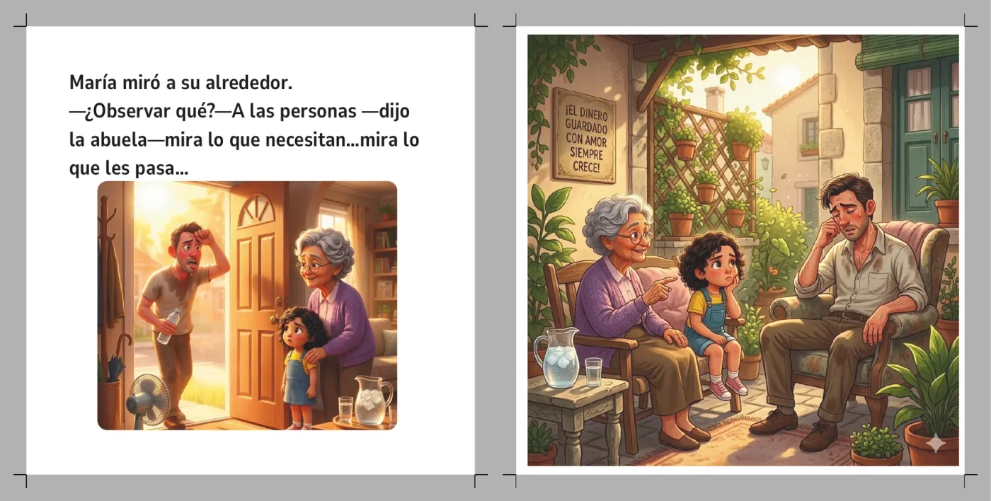 María mira a su alrededor mientras su abuela le explica que observe a las personas