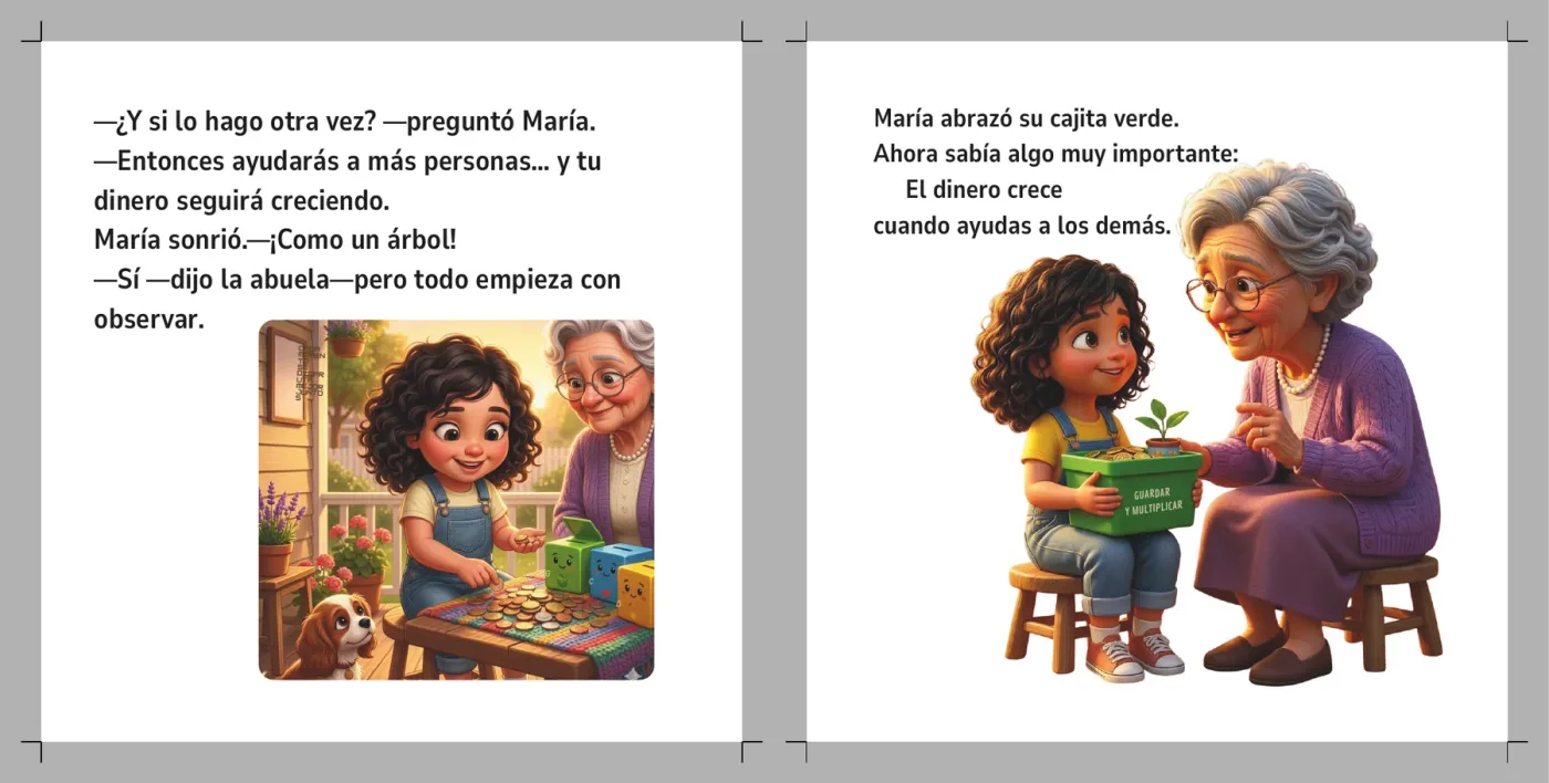 María abraza su cajita verde junto a su abuela al final del cuento