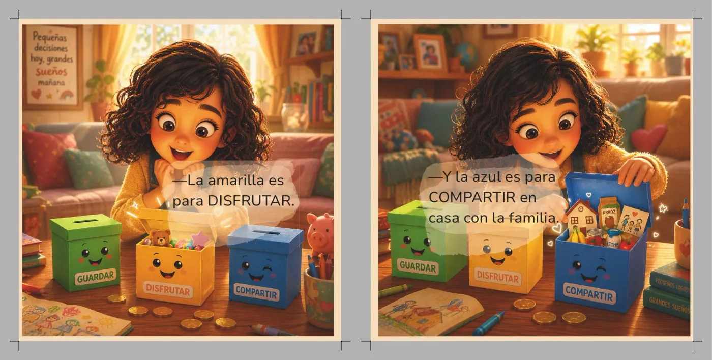 Interior de Las Tres Cajas Mágicas con las cajas Disfrutar y Compartir