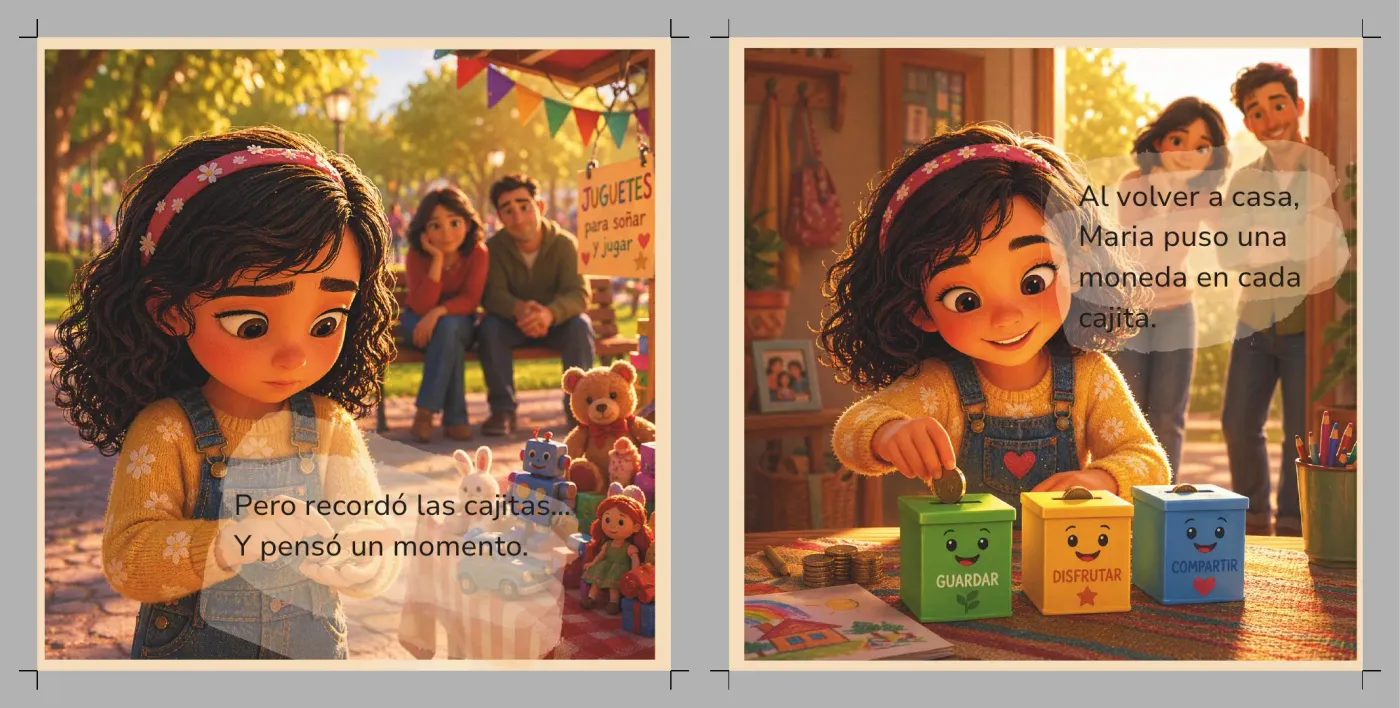María repartiendo sus primeras monedas entre las tres cajas