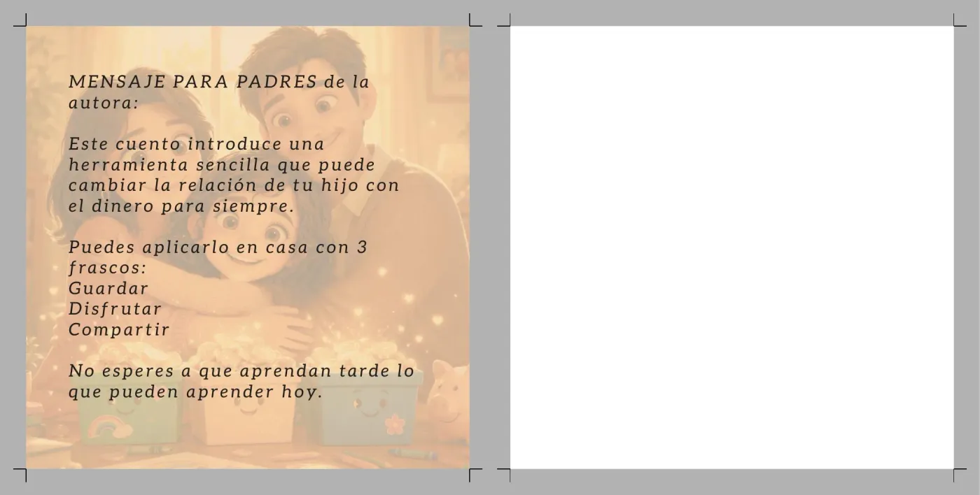 Mensaje para padres de Las Tres Cajas Mágicas con tres frascos: Guardar, Disfrutar y Compartir